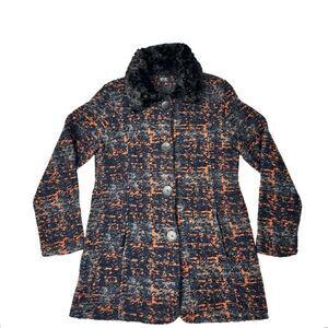 Vintage Maria Sole Textured Orange Gray Faux Fur Collar Eclectic Knit Coat